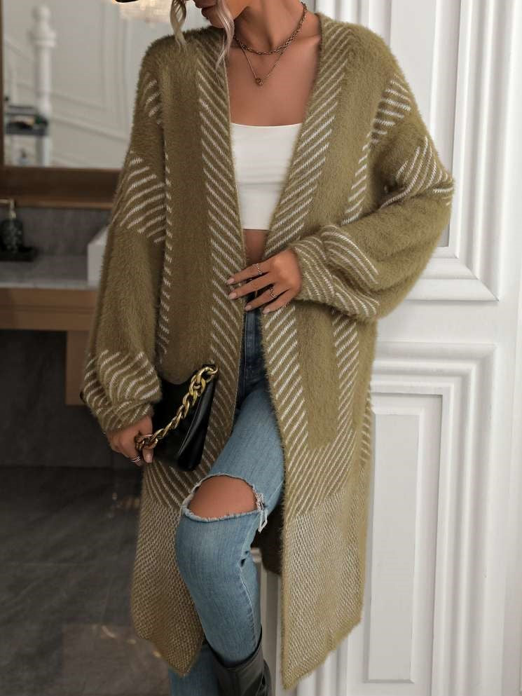 Winter Fashion Geometric Pattern Long Sleeve Green Cardigan