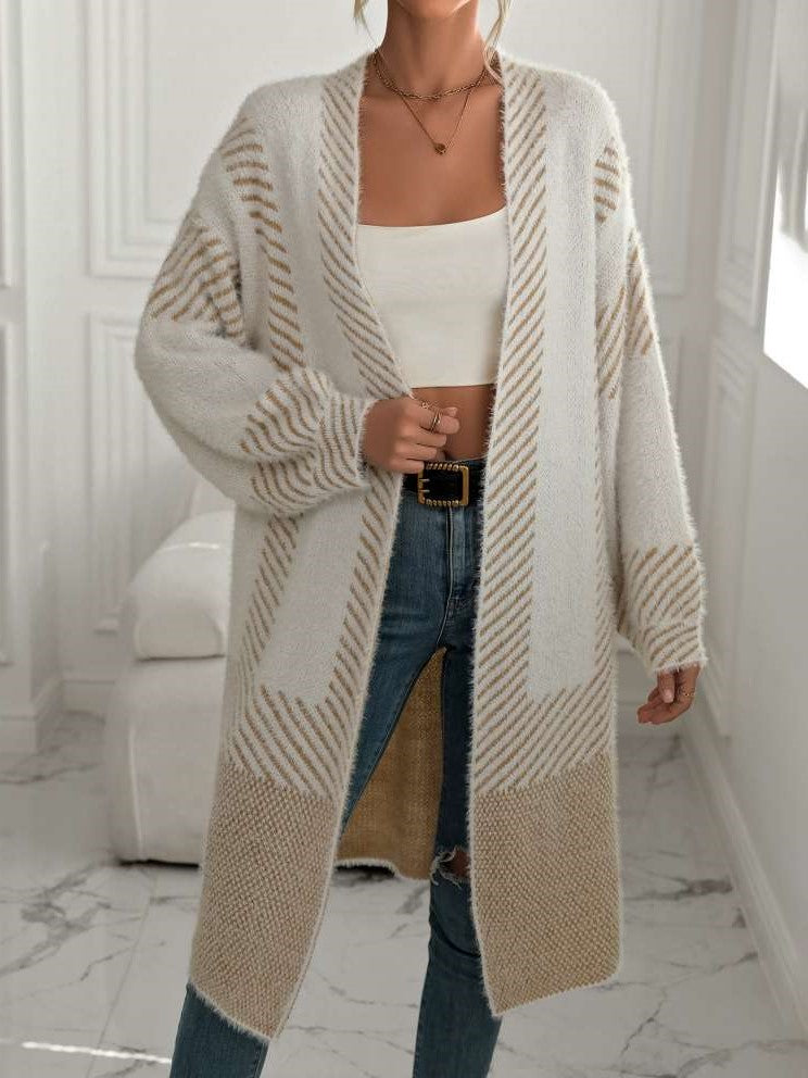 Winter Fashion Geometric Pattern Long Sleeve Beige Cardigan