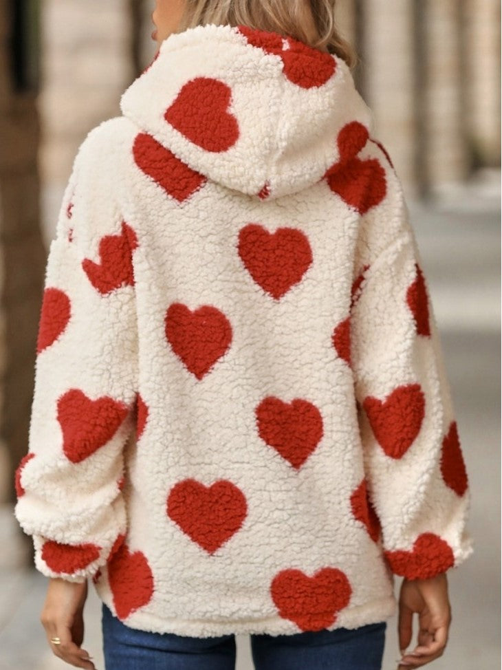 Winter Fashion Heart Pattern Red Fluff Hoodie