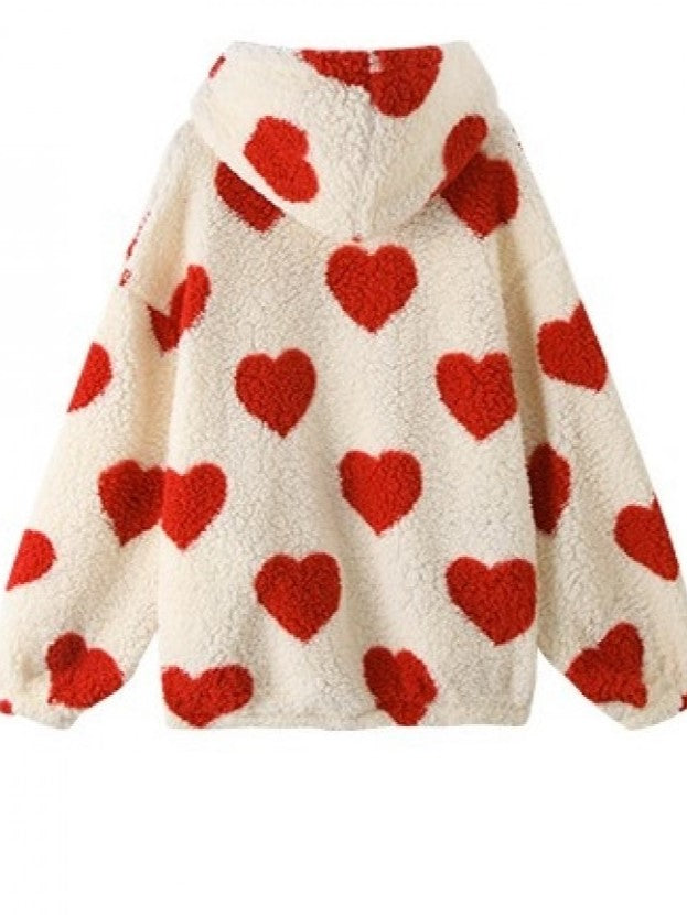 Winter Fashion Heart Pattern Red Fluff Hoodie