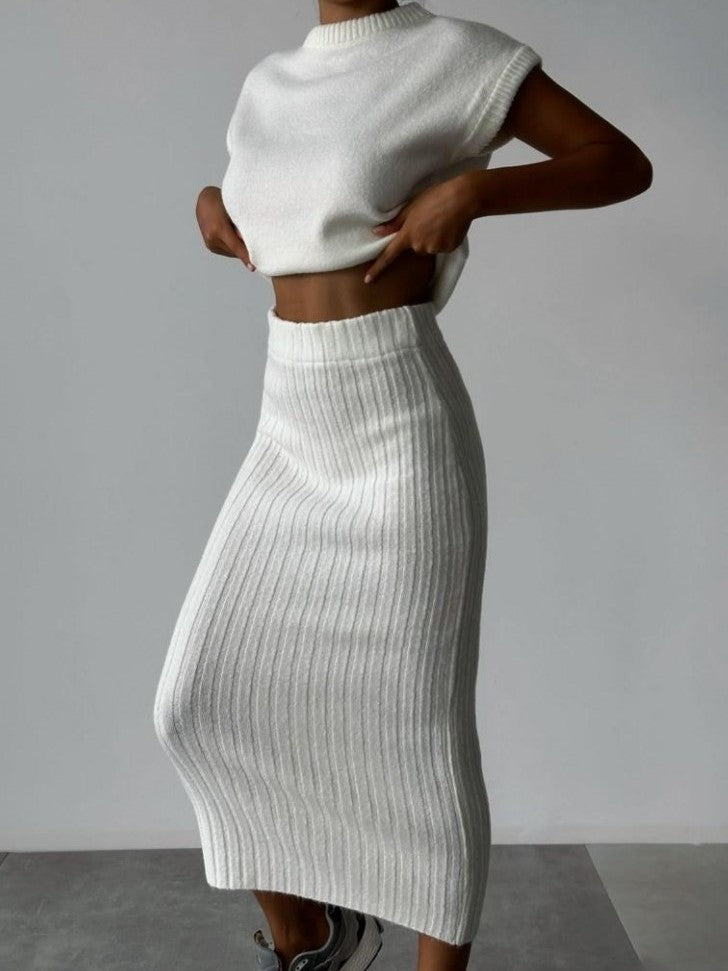 Winter Must Have! Solid High Rise Sweater White Skirt Set
