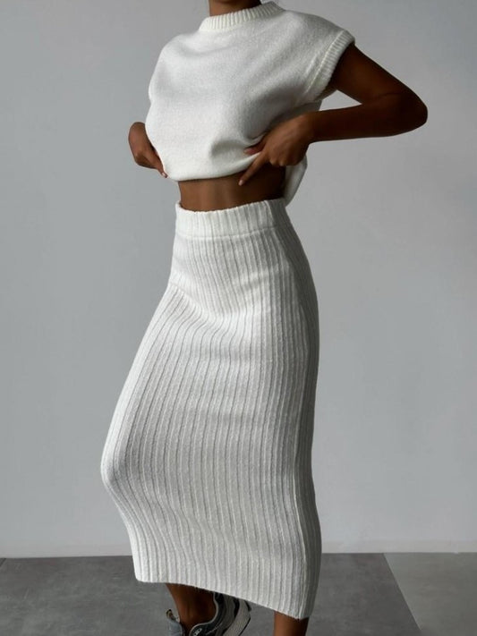 Winter Must Have! Solid High Rise Sweater White Skirt Set