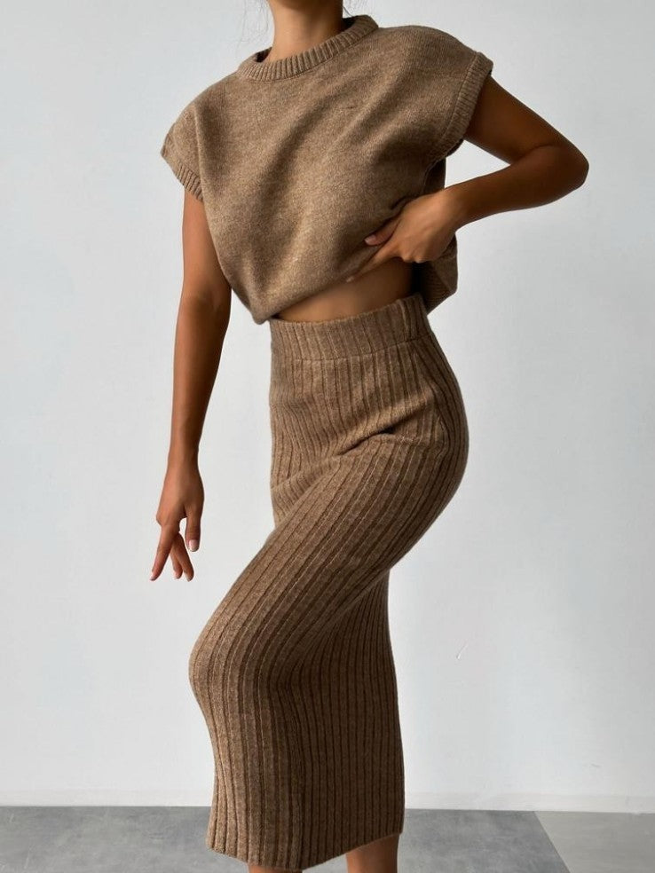 Winter Must Have! Solid High Rise Sweater Brown Skirt Set