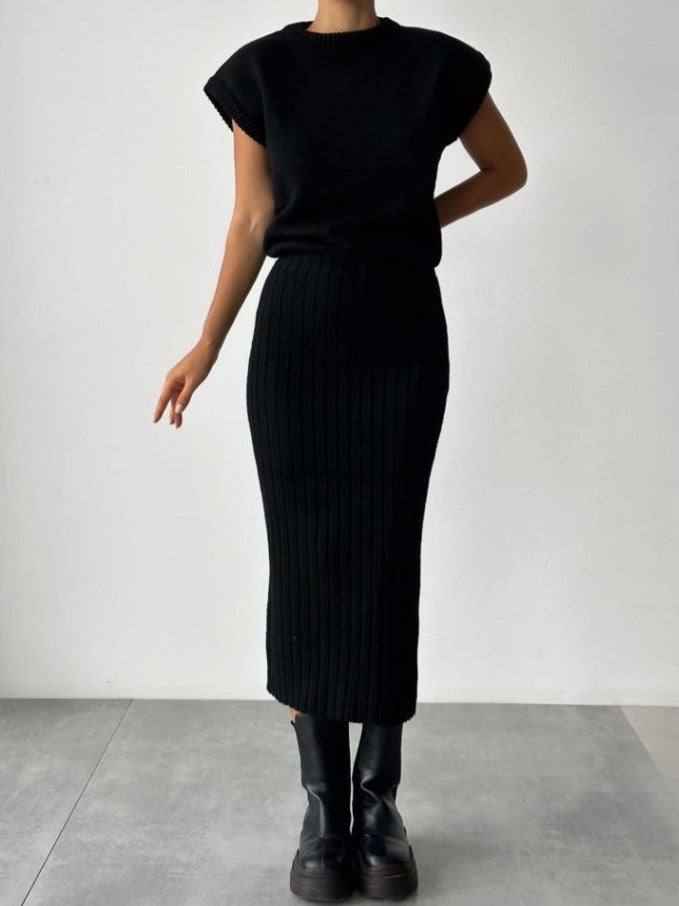 Winter Must Have! Solid High Rise Sweater Black Skirt Set