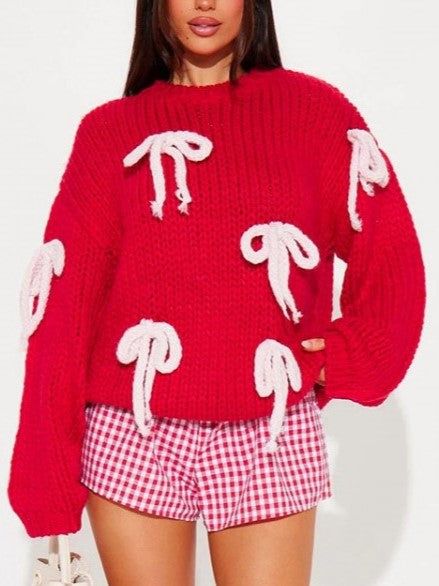 Winter Style Bow Patchwork Loose Sweater - Ships in 24 Hrs
