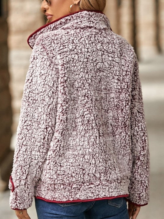 Winter Style Gradient Button Up Burgundy Fluff Coat