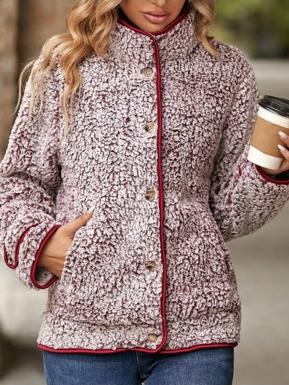 Winter Style Gradient Button Up Burgundy Fluff Coat