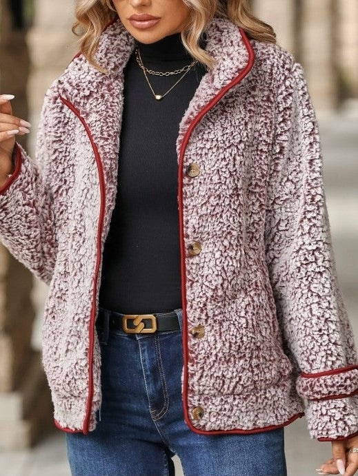 Winter Style Gradient Button Up Burgundy Fluff Coat