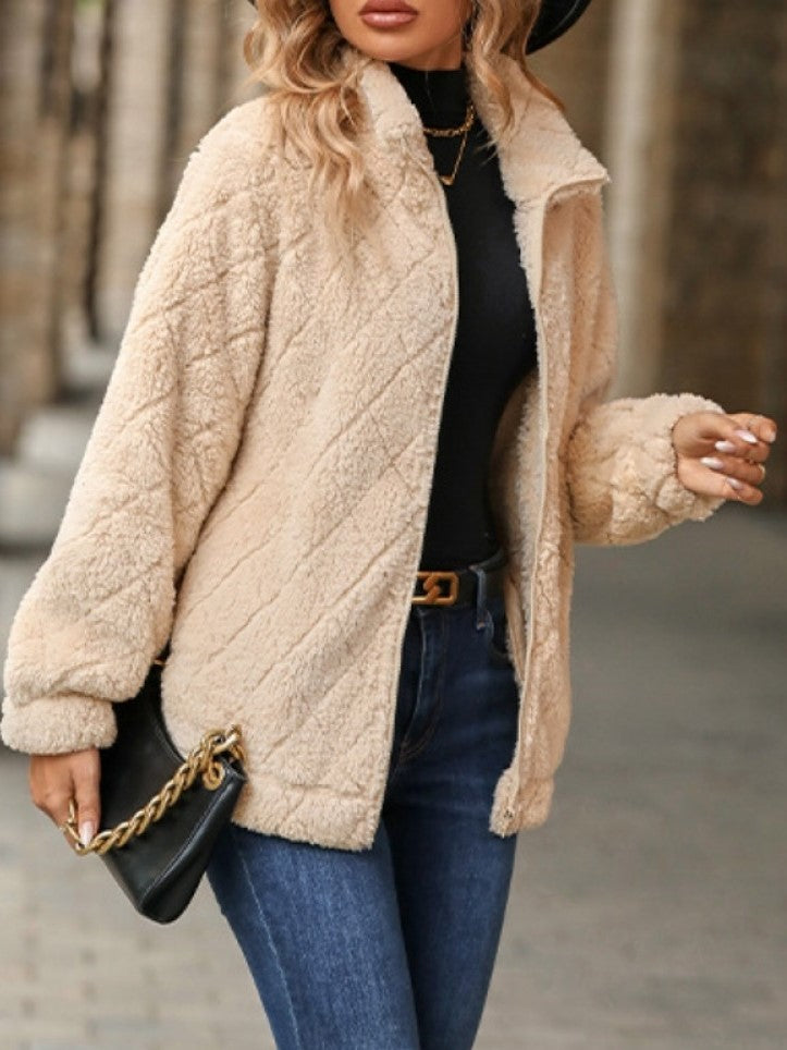 Winter Style Rhombus Lattice Lapel Neck Fluff Apricot Zipper Coat