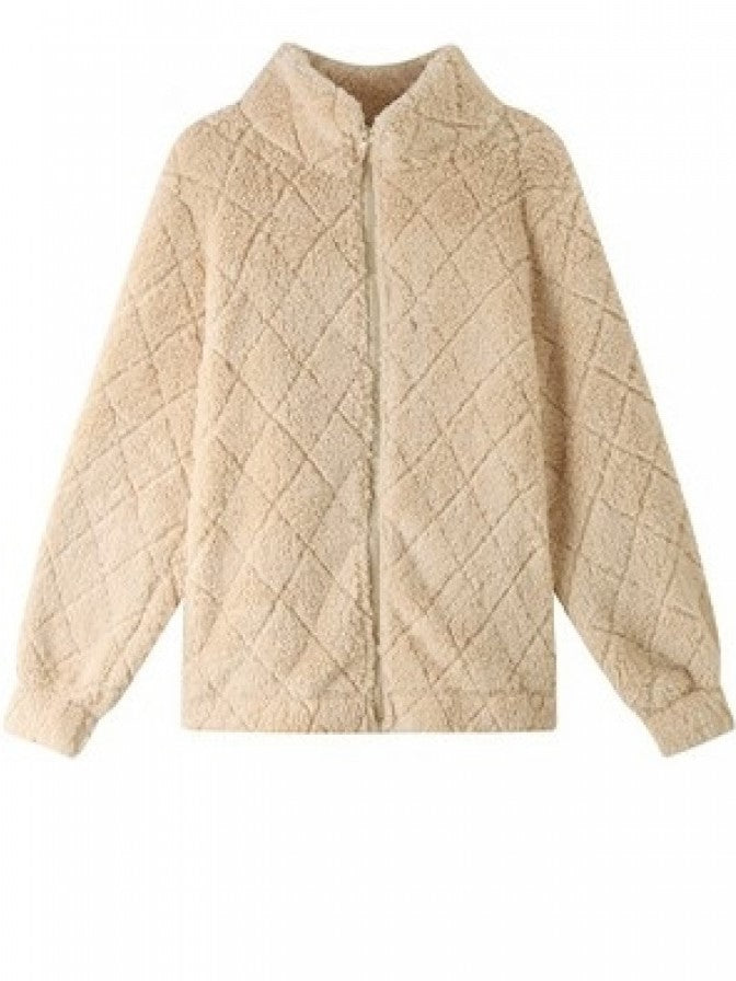 Winter Style Rhombus Lattice Lapel Neck Fluff Apricot Zipper Coat