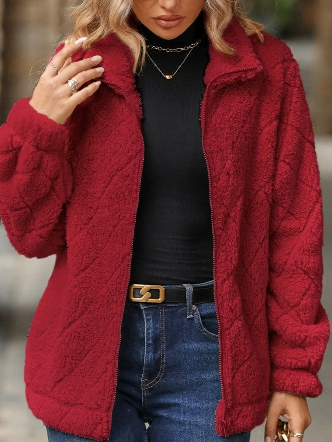 Winter Style Rhombus Lattice Lapel Neck Fluff Red Zipper Coat