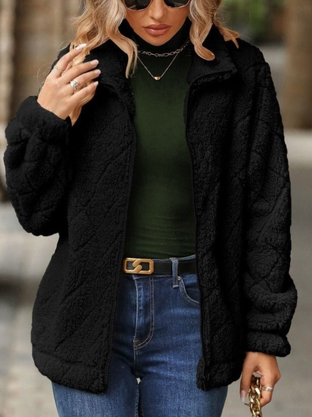 Winter Style Rhombus Lattice Lapel Neck Fluff Black Zipper Coat