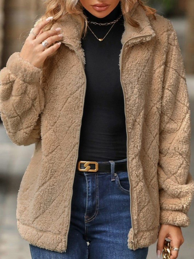 Winter Style Rhombus Lattice Lapel Neck Fluff Khaki Zipper Coat