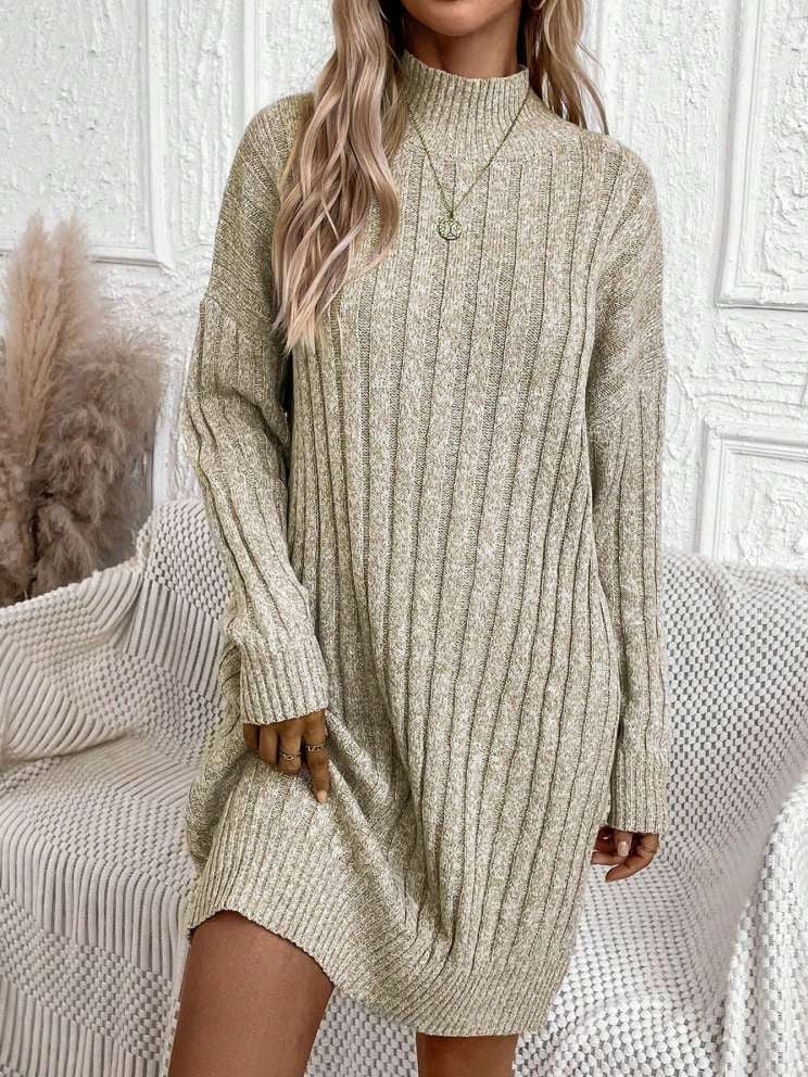 Winter Style Turtle Neck Long Sleeve Apricot Dress