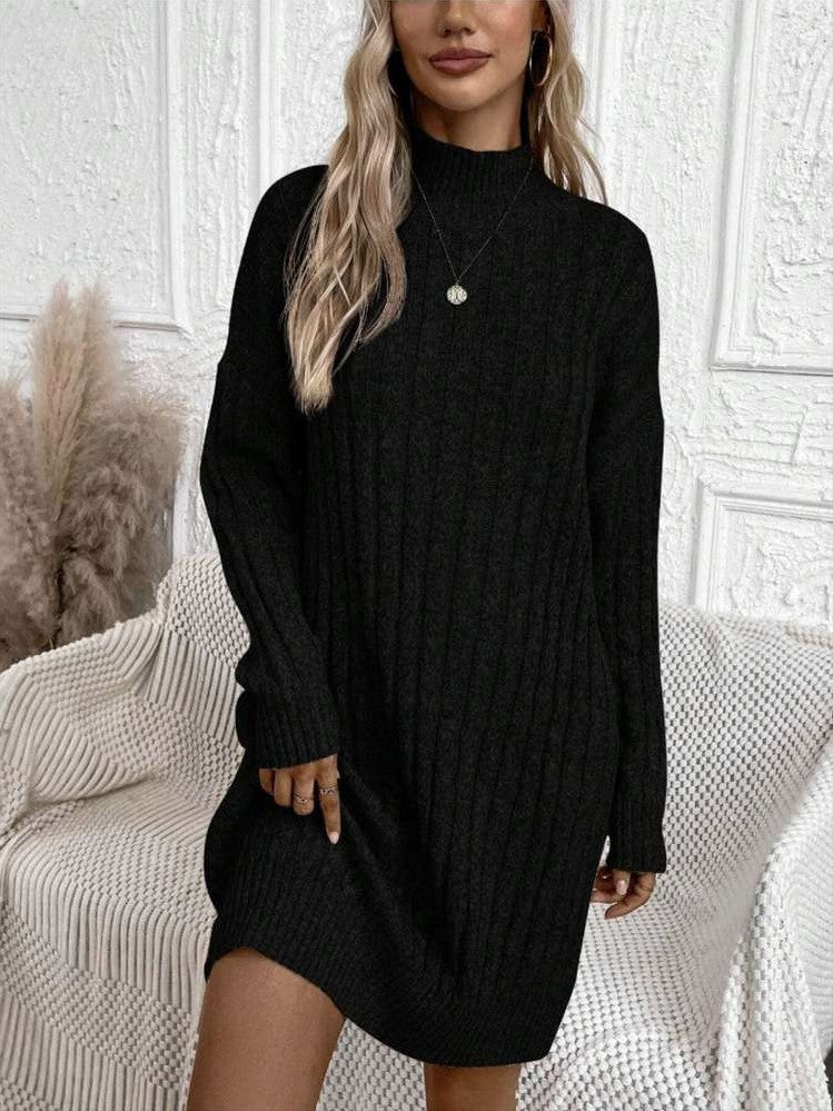 Winter Style Turtle Neck Long Sleeve Black Dress