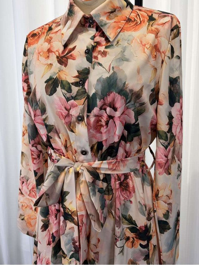 Beautiful Floral Tie Waist Long Sleeve Shirt Dress