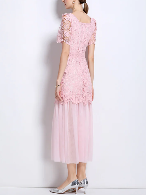Beautiful Lace Mesh Short Sleeve High Waist Pink Dress