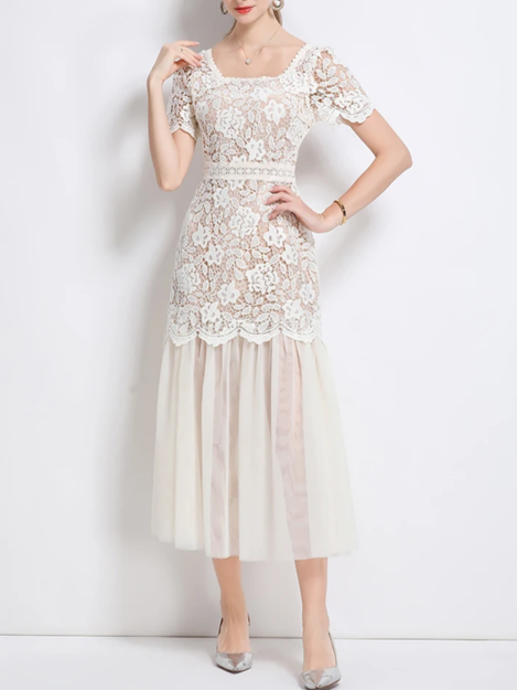Beautiful Lace Mesh Short Sleeve High Waist Apricot Dress