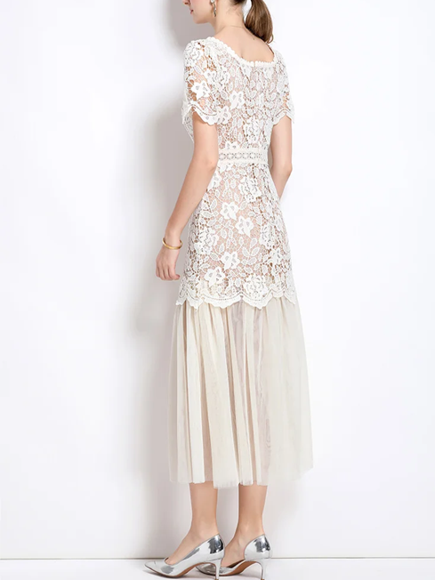 Beautiful Lace Mesh Short Sleeve High Waist Apricot Dress
