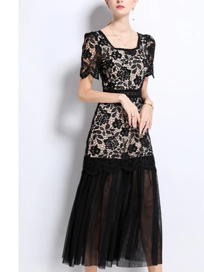 Beautiful Lace Mesh Short Sleeve High Waist Black Dress