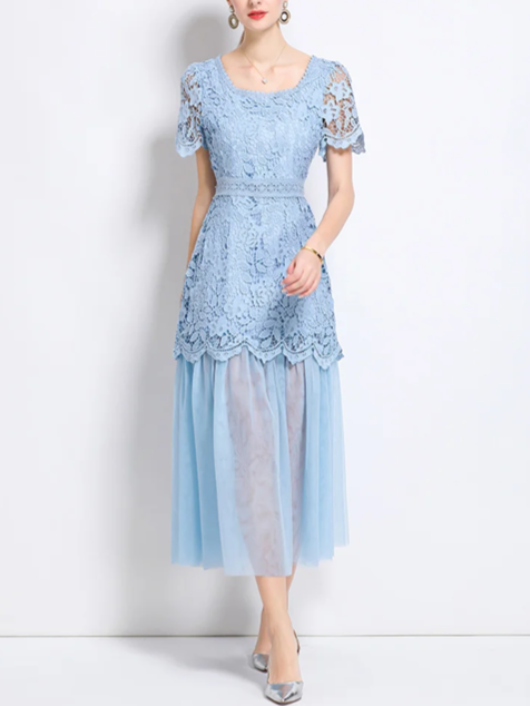 Beautiful Lace Mesh Short Sleeve High Waist Blue Dress