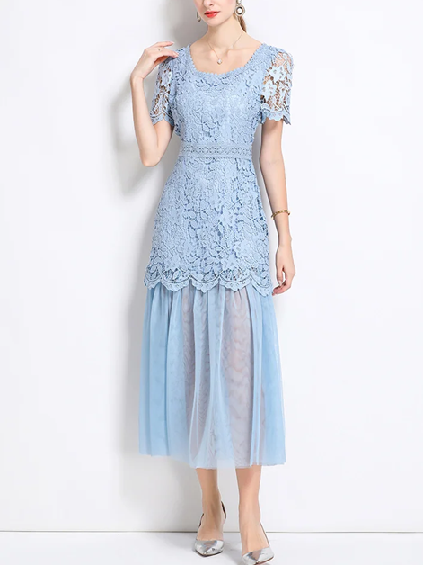 Beautiful Lace Mesh Short Sleeve High Waist Blue Dress