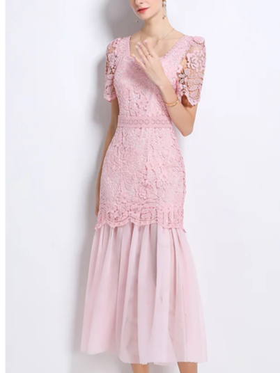 Beautiful Lace Mesh Short Sleeve High Waist Pink Dress