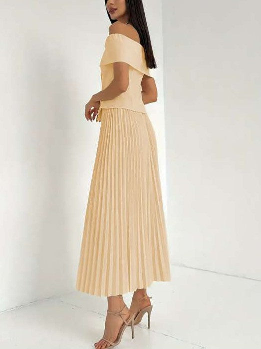 Beautiful Off Shoulder Button Up Pleated Skirt Set