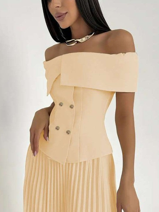Beautiful Off Shoulder Button Up Pleated Skirt Set