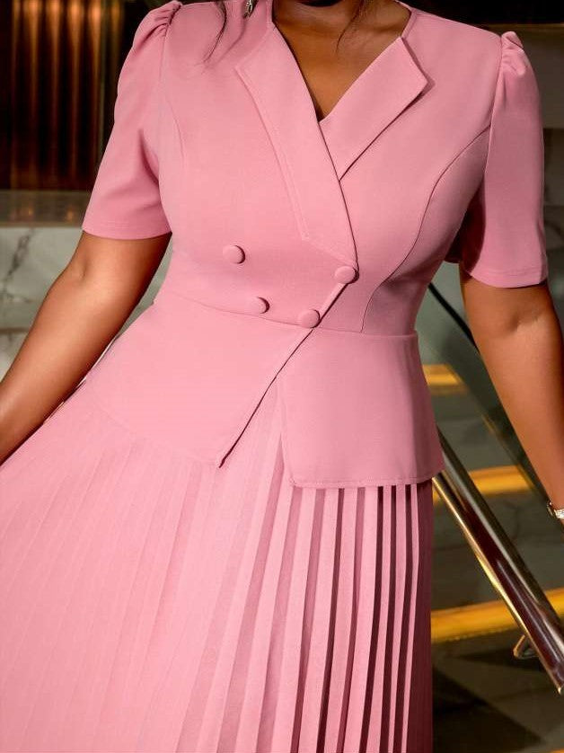 Beautiful Pleated Tailored Collar A Line Swing Pink Midi Dress