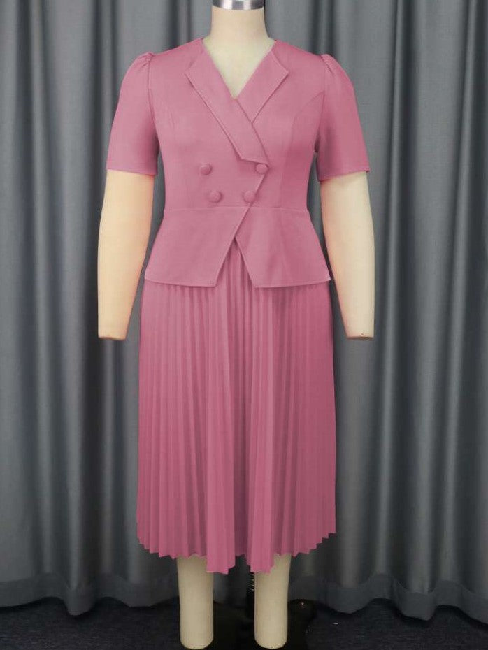 Beautiful Pleated Tailored Collar A Line Swing Pink Midi Dress