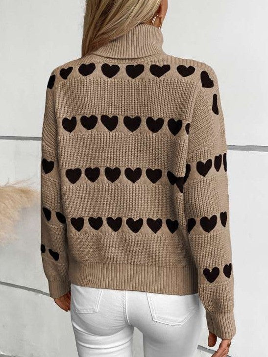 Beautiful Winter Heart Pattern Baggy Khaki Pullover