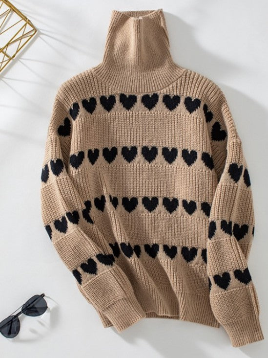 Beautiful Winter Heart Pattern Baggy Khaki Pullover