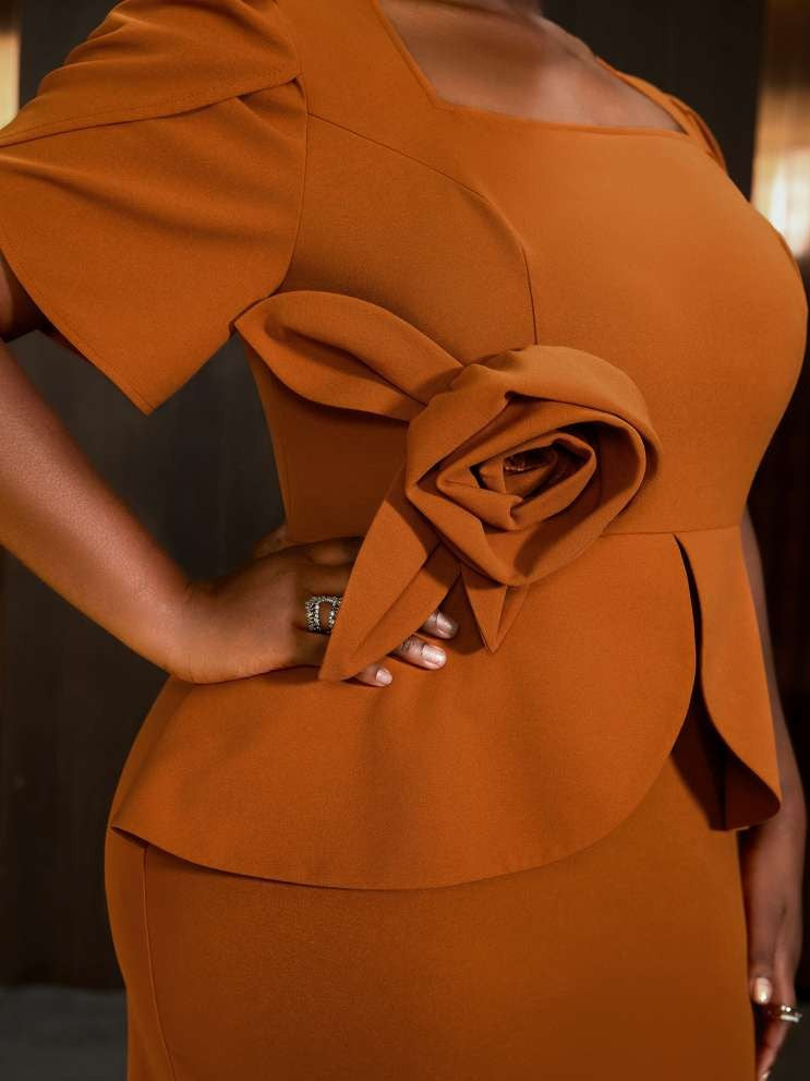 Beautilful Flower Decor Brown Square Neck Midi Dress