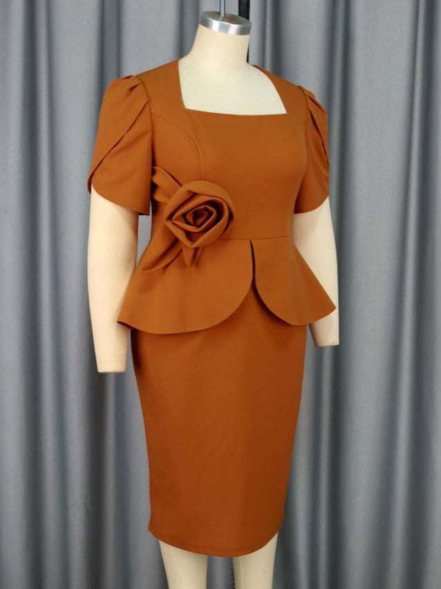Beautilful Flower Decor Brown Square Neck Midi Dress