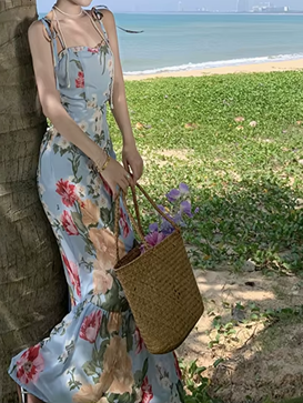 Bohemian French Style Floral Print Strap Holiday Dress