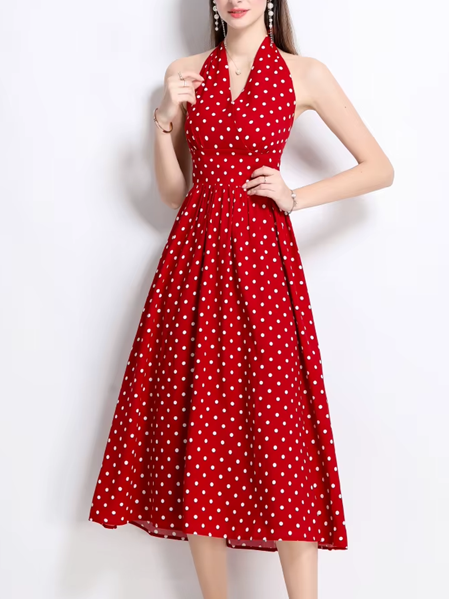 Bohemian Retro Dot French Style Red Dress