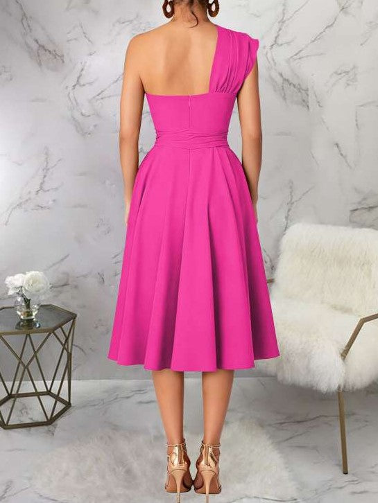 Charming One Shoulder Solid Pleated Sleeveless Pink Midi Dress
