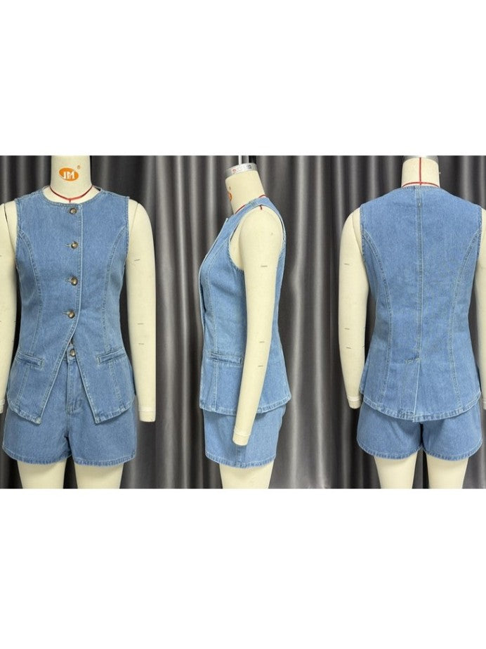 Chic Denim Button Up Shorts Light Blue Co ord Set