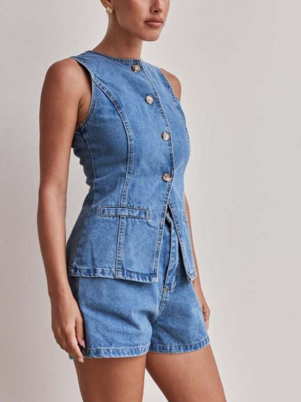 Chic Denim Button Up Shorts Light Blue Co ord Set