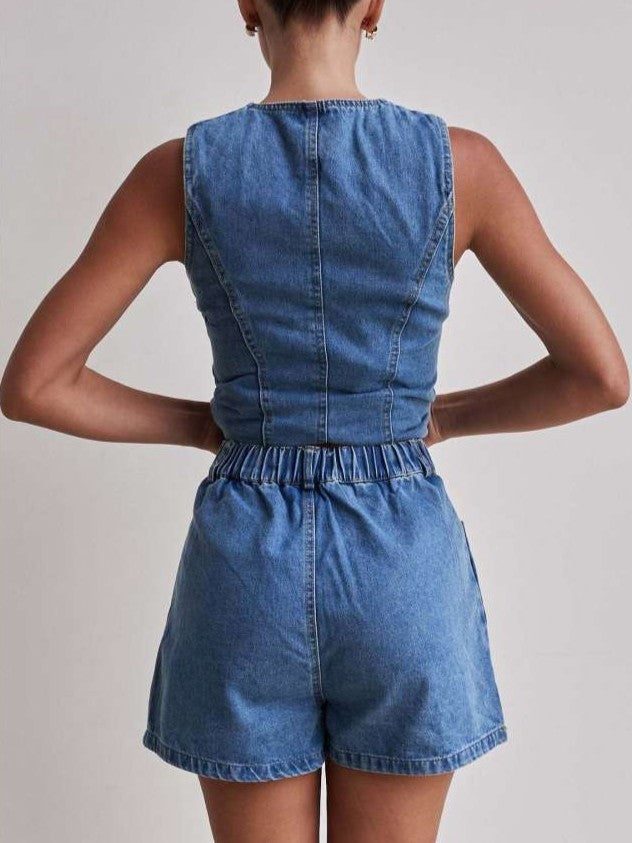 Chic Denim Button Up Shorts Light Blue Co ord Set