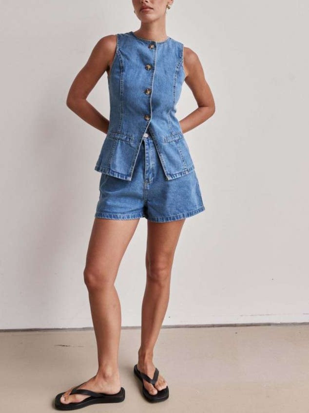 Chic Denim Button Up Shorts Light Blue Co ord Set