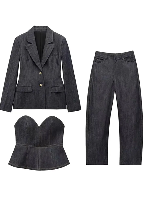 Chic Denim Peplum Tube Top , Blazer With Pants Blue Co ord Set