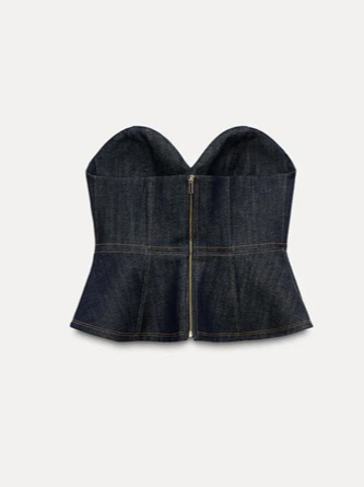 Chic Denim Peplum Tube Top , Blazer With Pants Blue Co ord Set