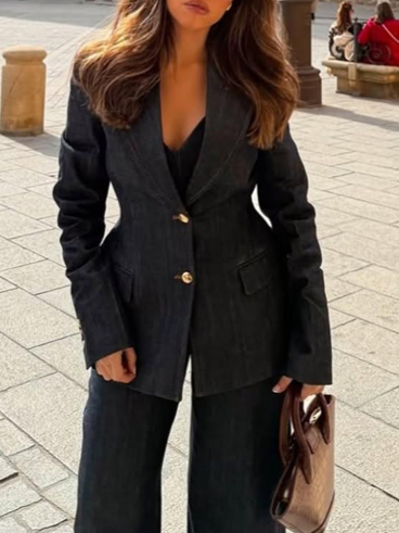 Chic Denim Peplum Tube Top , Blazer With Pants Blue Co ord Set