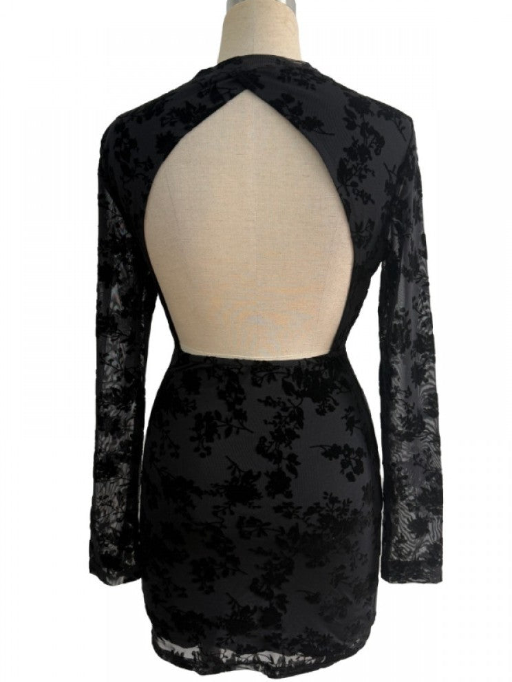 Chic Floral Mock Neck Backless Black Mini Dress