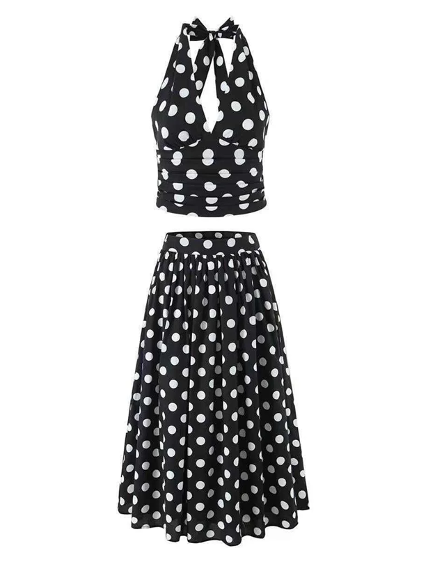 Chic Halter Polka Dot Summer Style Skirt Set