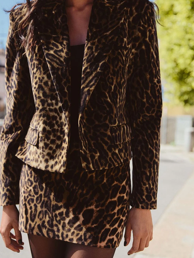 Chic Leopard Print Crop Blazer With Skirt Co Ord Set