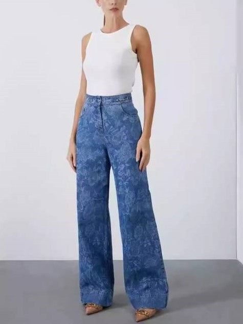 Chic Rose Print Wide Leg Denim