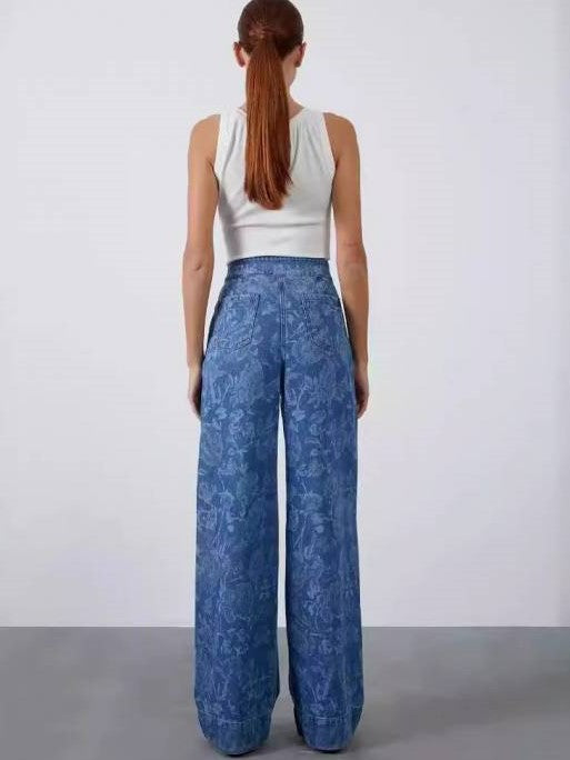 Chic Rose Print Wide Leg Denim